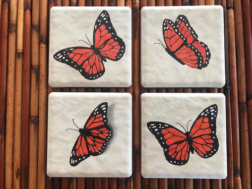 Ceramic Coasters: Monarch Butterflies, Set of 4 unique designs, The Minnesota State Butterfly