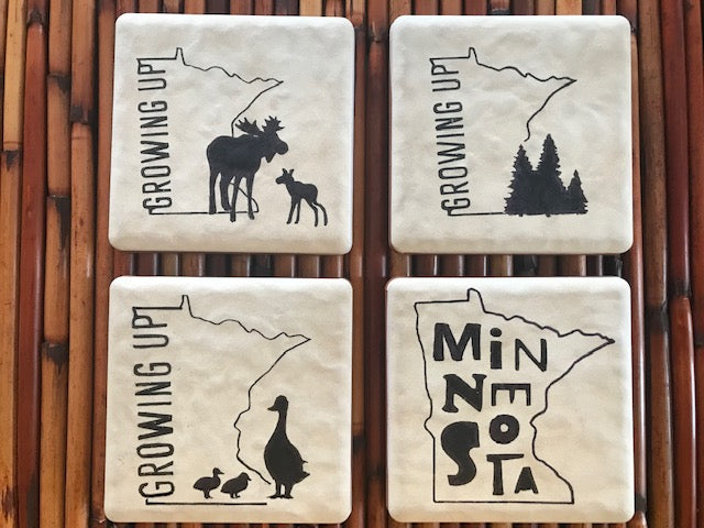 Growing up Minnesota Ceramic Coaster, Set of 4 unique designs. moose, duck and pine tree