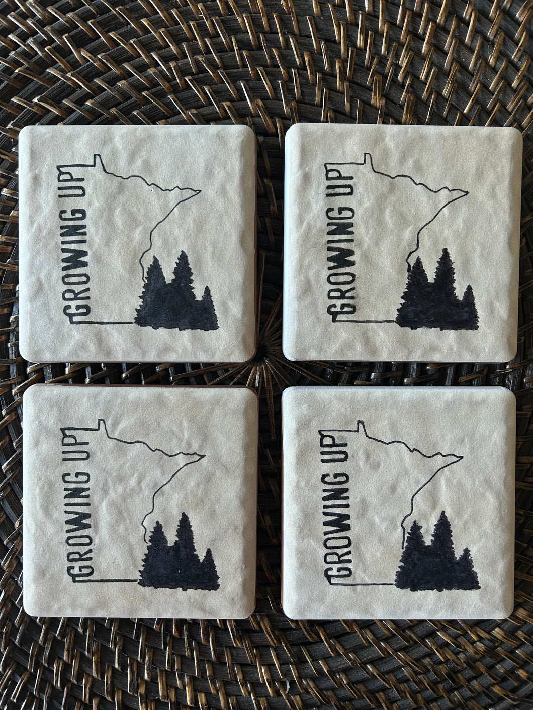 Growing up Minnesota Ceramic Coaster set: Featuring Mature Pine trees and Young Pine Tree