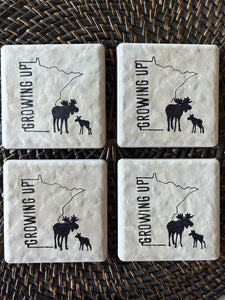Growing up Minnesota Ceramic Coaster set: Featuring Papa moose, Baby moose