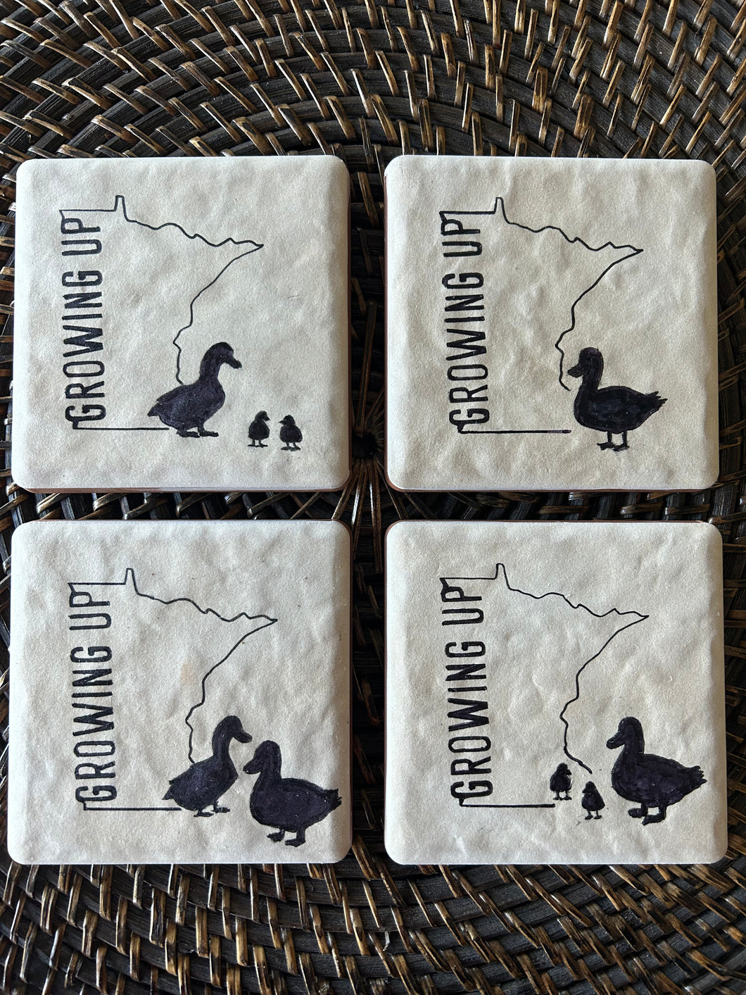Growing up Minnesota Ceramic Coaster set: Featuring Mama duck, Baby duck!